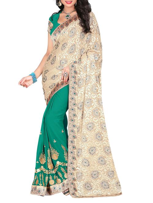 beige & light green  georgette embroidered saree - 9787312 - Very Small Image - 1