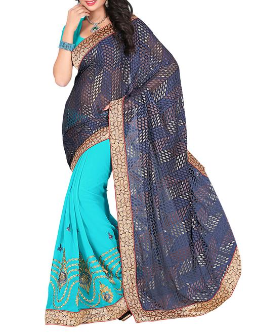dark blue & light blue georgette embroidered saree - 9787315 - Very Small Image - 1