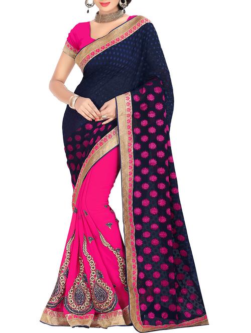 blue & pink georgette brasso half & half embroidered  saree - 9787338 - Very Small Image - 1