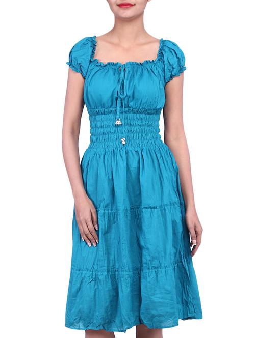 solid blue gathered cotton tiered dress - 9797105 - Very Small Image - 1