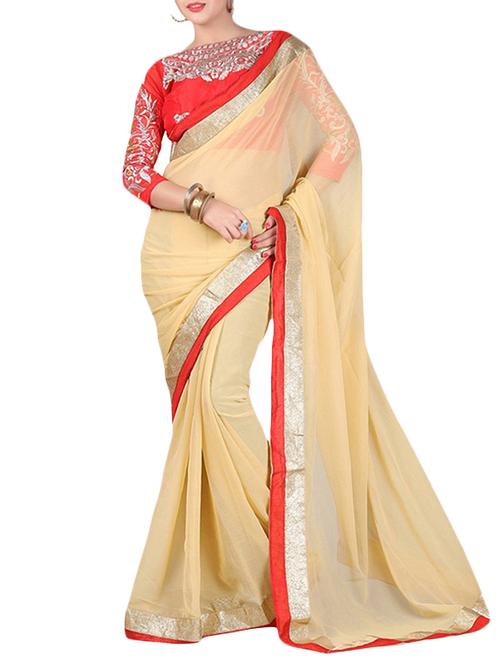 beige chiffon bordered saree with blouse - 9798932 - Very Small Image - 1