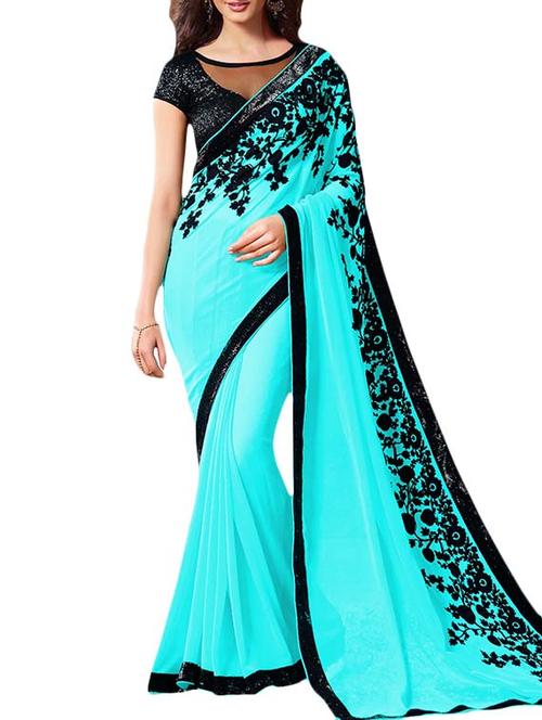 blue  chiffon bordered  saree with blouse - 9798988 - Very Small Image - 1