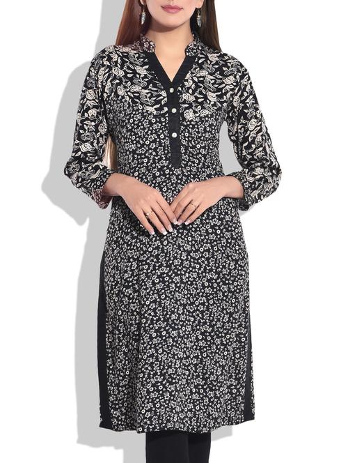 black & beige printed cotton kurta - 9803970 - Very Small Image - 1