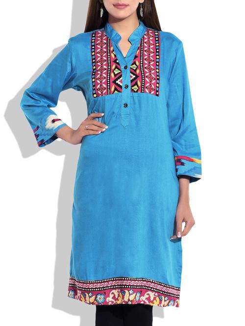 blue printed rayon kurta - 9803980 - Very Small Image - 1