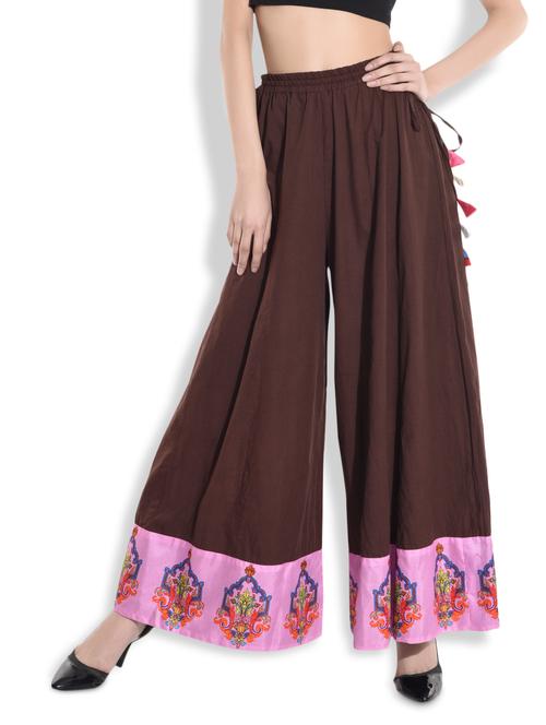 brown cotton flared palazzos with lilac border - 9808560 - Very Small Image - 1
