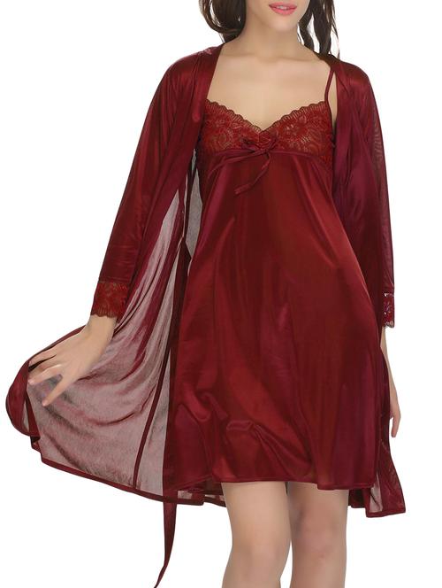 maroon solid sleepwear robe with babydoll set - 9809886 - Very Small Image - 1