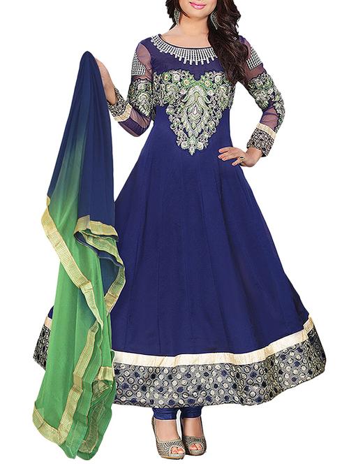 navy blue bemberg georgette anarkali semi stitched suit - 9813577 - Very Small Image - 1