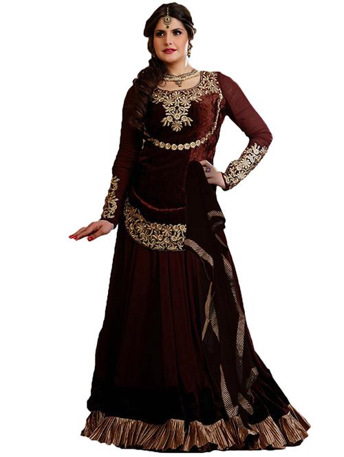 brown viscose & velvet semi stitched suit - 9813599 - Very Small Image - 1