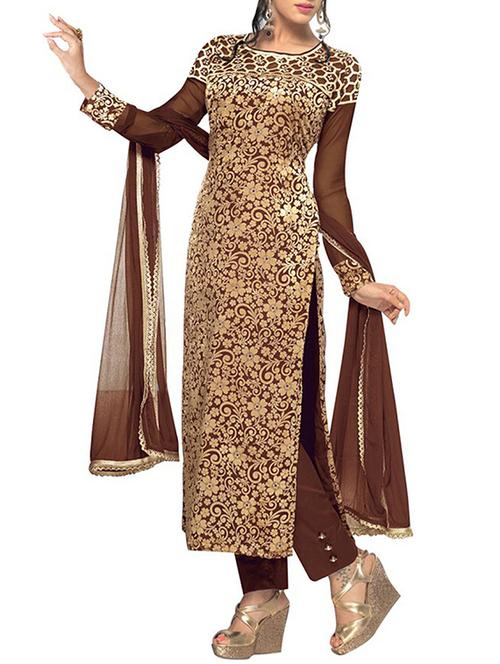 brown brasso & velvet semi stitched suit - 9813601 - Very Small Image - 1