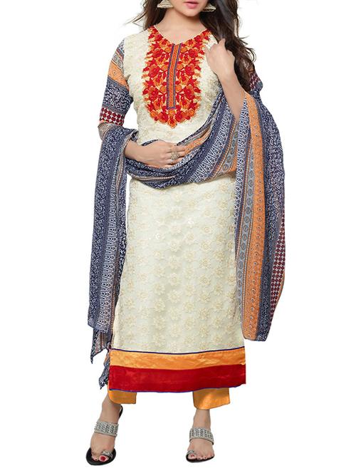cream & orange georgette semi stitched suit - 9813683 - Very Small Image - 1
