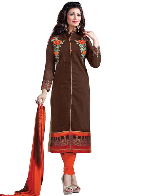 brown chanderi cotton unstitched suit - 9817358 - Very Small Image - 1