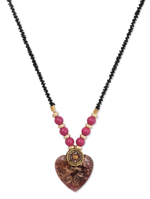 black bead necklace  brown embossed heart pendant - 982310 - Very Small Image - 1