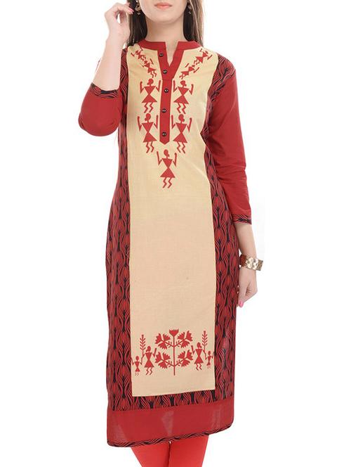red & beige cotton kurta - 9866171 - Very Small Image - 1