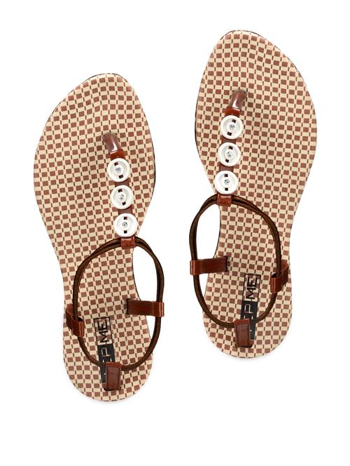 Leatherette Brown Button Embellished Toe Separator Sandals - 987272 - Very Small Image - 1