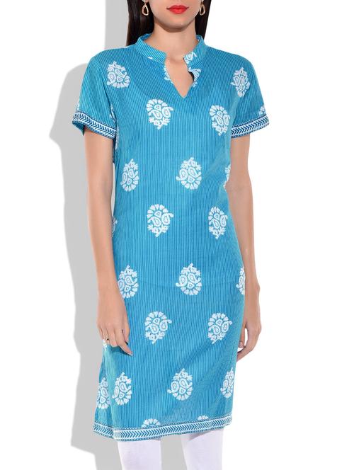 sky blue and white cotton kurta - 9875570 - Very Small Image - 1
