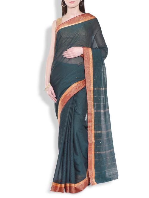 teal cotton silk saree with brocade border - 9934295 - Very Small Image - 1