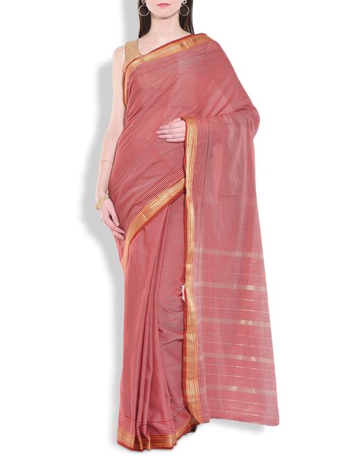 maroon cotton silk striped saree with brocade border - 9934304 - Very Small Image - 1