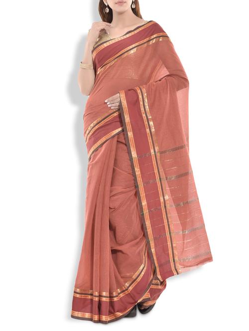 rust cotton saree with brocade border - 9934306 - Very Small Image - 1