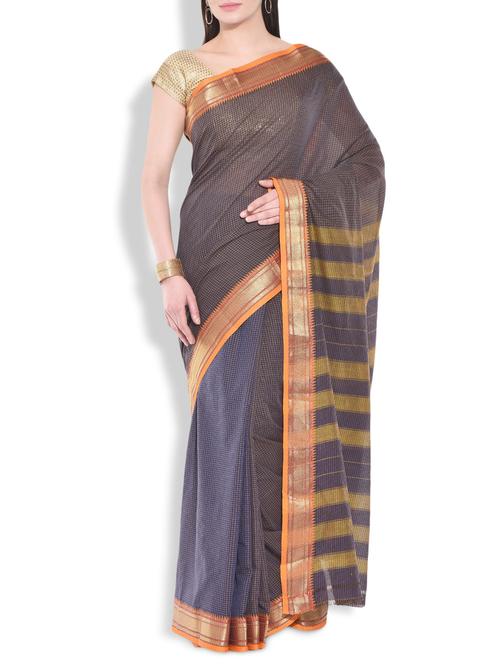 navy blue cotton silk checkered saree with brocade border - 9934323 - Very Small Image - 1