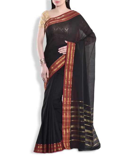 black cotton silk saree with maroon brocade border - 9934345 - Very Small Image - 1