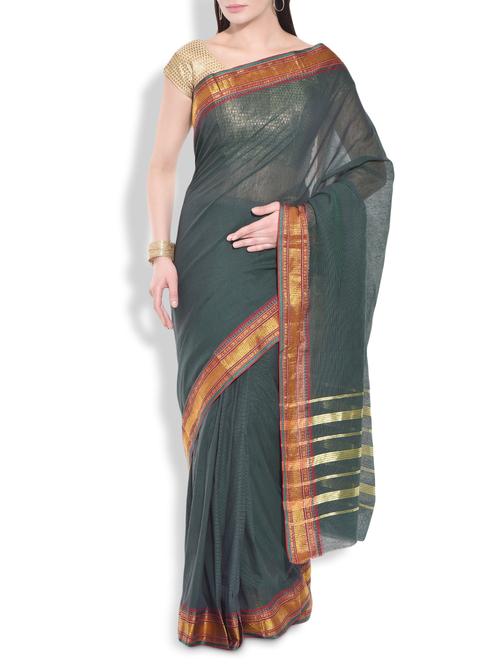 teal cotton silk saree with maroon brocade border - 9934352 - Very Small Image - 1