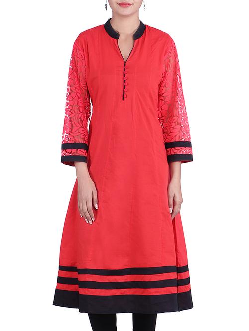 red color solid cotton kurta - 9937025 - Very Small Image - 1
