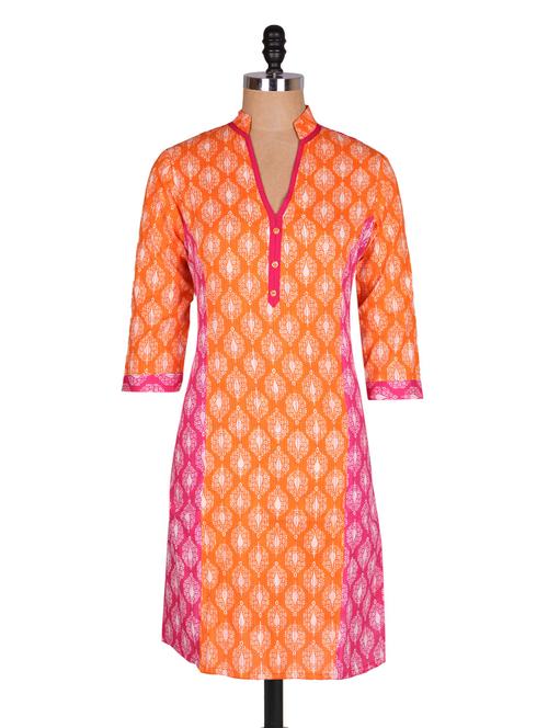 fuchsia & orange printed cotton kurta - 993990 - Very Small Image - 1