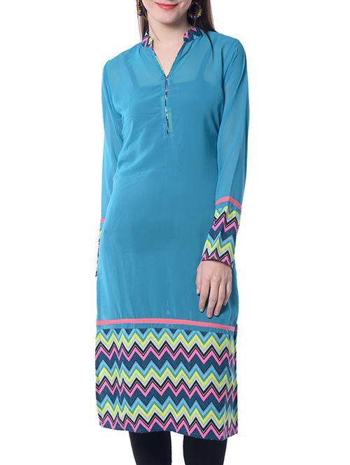 turquiose solid georgette kurta - 9949579 - Very Small Image - 1