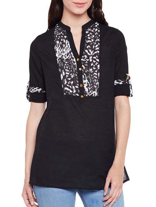 black cotton mandarin neck top - 9950355 - Very Small Image - 1