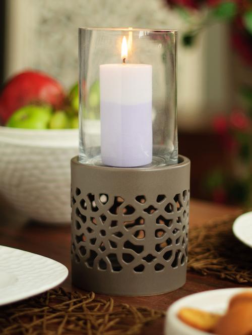 foyer brown ceramic candle holder with glass - 9959 - Very Small Image - 1