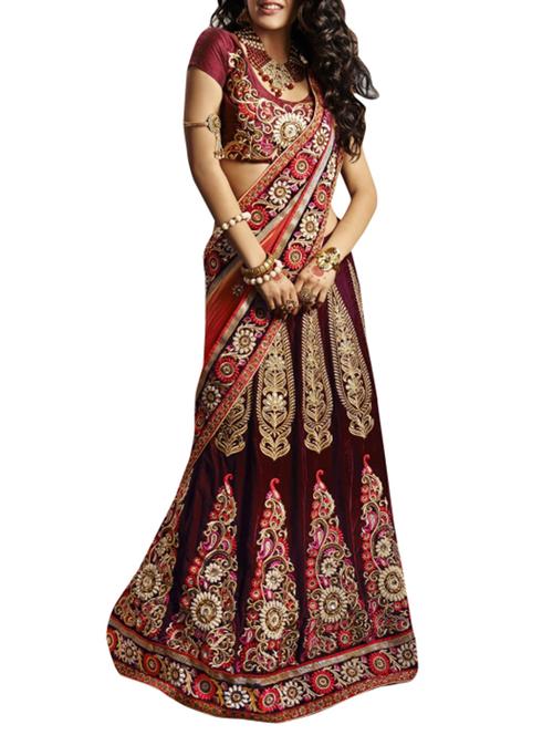  maroon colored net,velvet lehenga saree - 9973193 - Very Small Image - 1