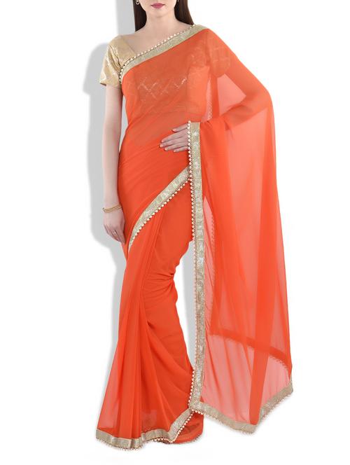 Orange Georgette Bordered Saree With Blouse - 9977613 - Very Small Image - 1