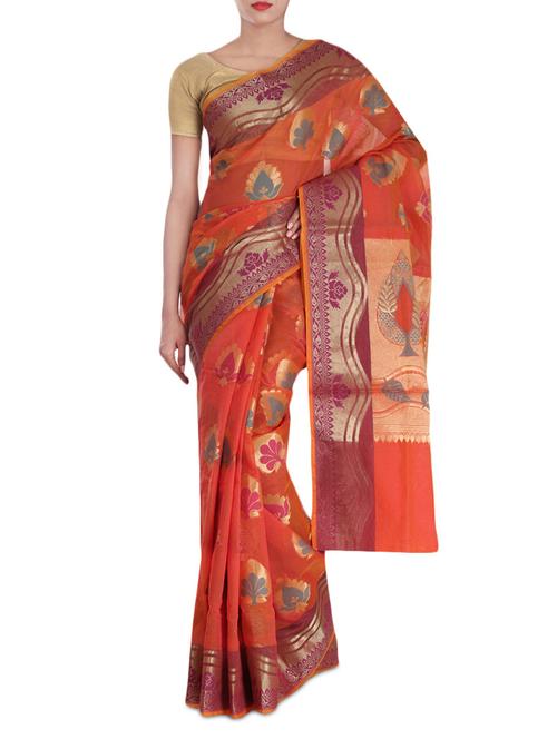 orange faux cotton saree - 9977788 - Very Small Image - 1