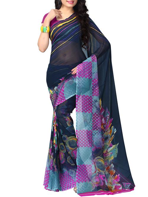 blue georgette printed saree with blouse - 9988005 - Very Small Image - 1