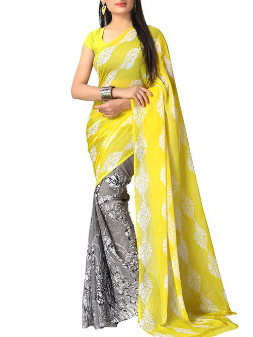 yellow chiffon printed saree with blouse - 9988046 - Very Small Image - 1