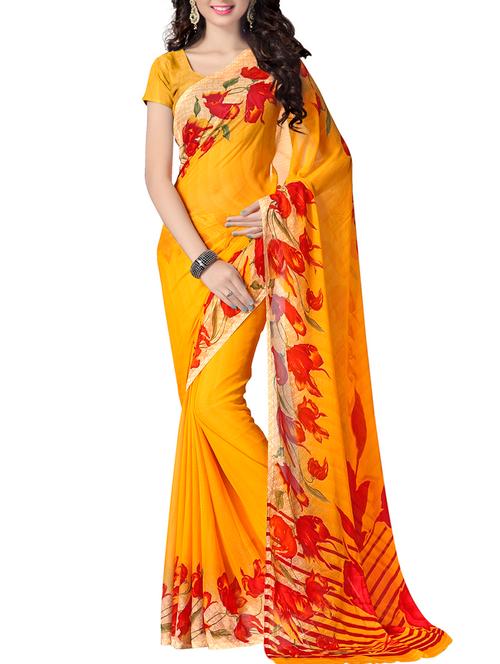 yellow chiffon printed saree with blouse - 9988127 - Very Small Image - 1