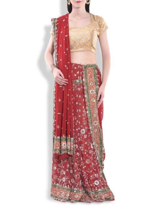 red embellished georgette unstitched lehenga set - 9993590 - Very Small Image - 1